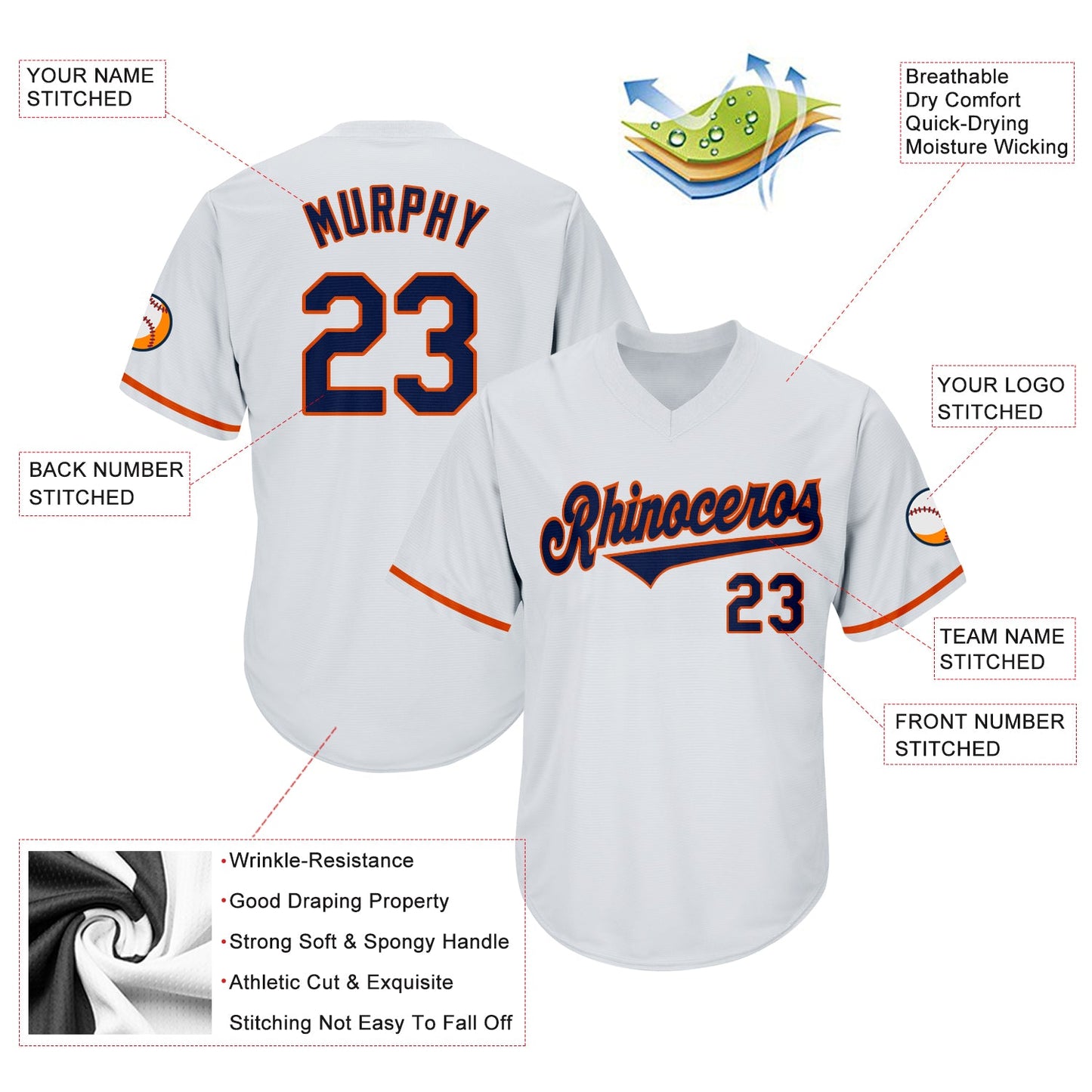 Custom White Navy-Orange Authentic Throwback Rib-Knit Baseball Jersey Shirt