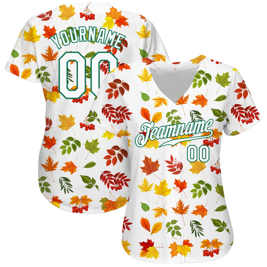 Custom White White-Kelly Green 3D Pattern Design Autumn Leaves Authentic Baseball Jersey