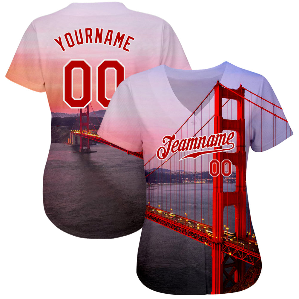 Custom White Red-White 3D Pattern Design Golden Gate Bridge Authentic Baseball Jersey