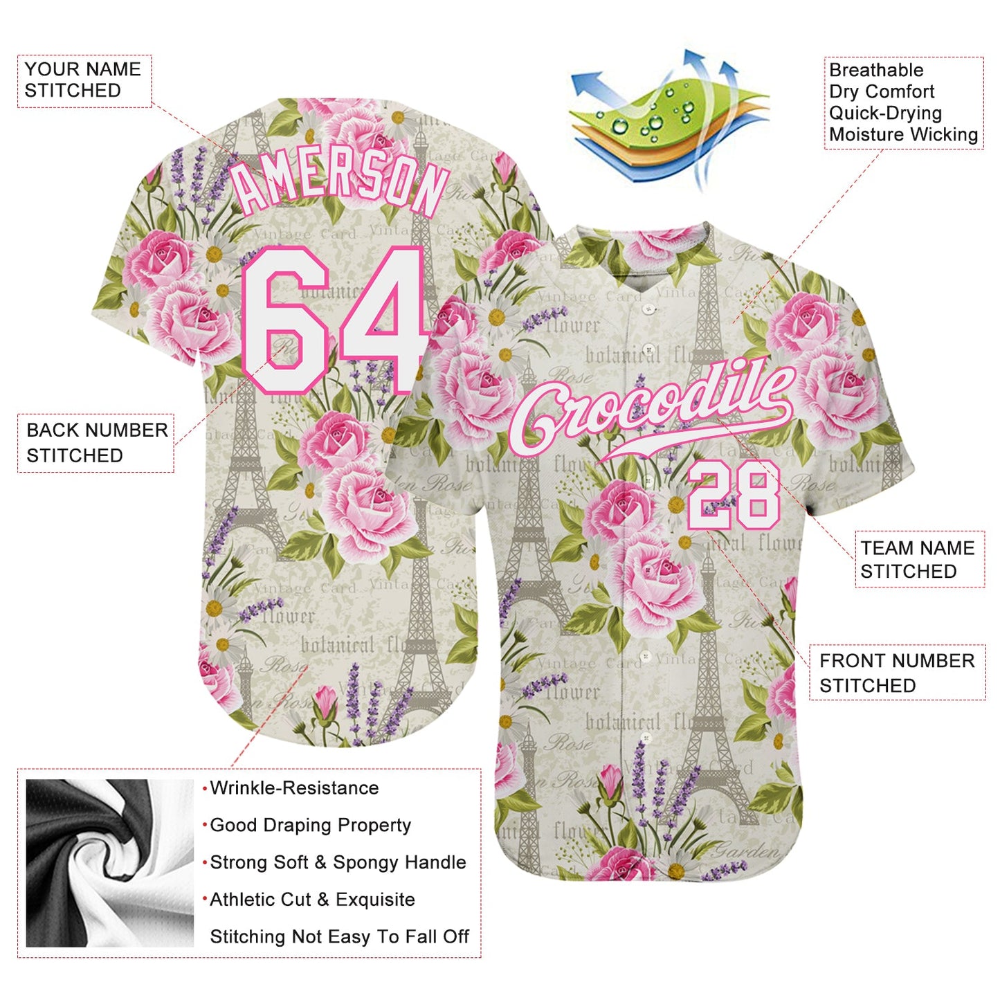 Custom White White-Pink 3D Pattern Design Floral Pattern With The Eiffel Tower Authentic Baseball Jersey